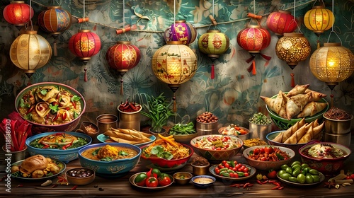 Asian food feast with lanterns.