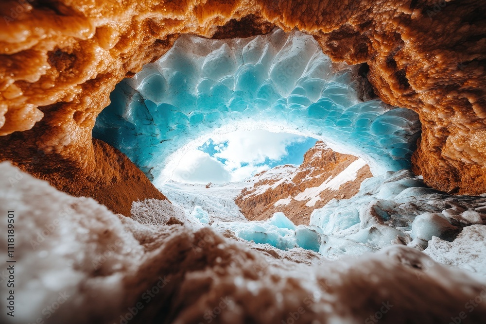 Enchanting Scene of Glacier Cave with Stunning Blue Ice and Rocky Texture Beneath a Bright Sky Enchanting Scene of Glacier Cave with Stunning Blue Ice and Rocky Texture Beneath a Bright Sky