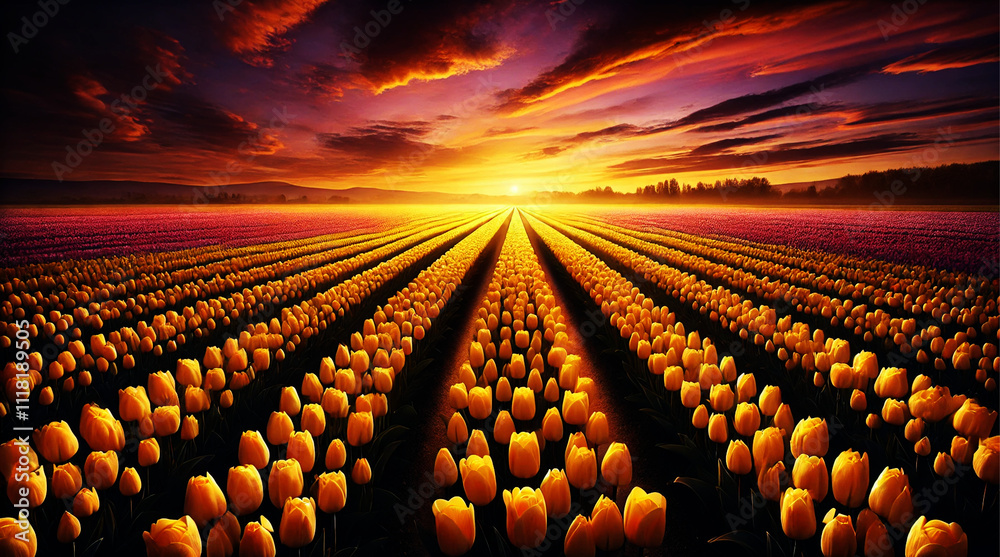 Obraz premium Endless Yellow Tulip Horizon at Sunset