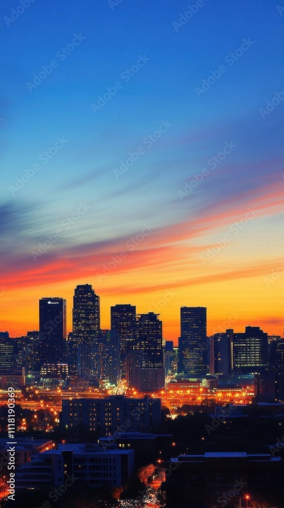 A vibrant city skyline at sunset with colorful cloud formations. A vibrant city skyline at sunset with colorful cloud formations.