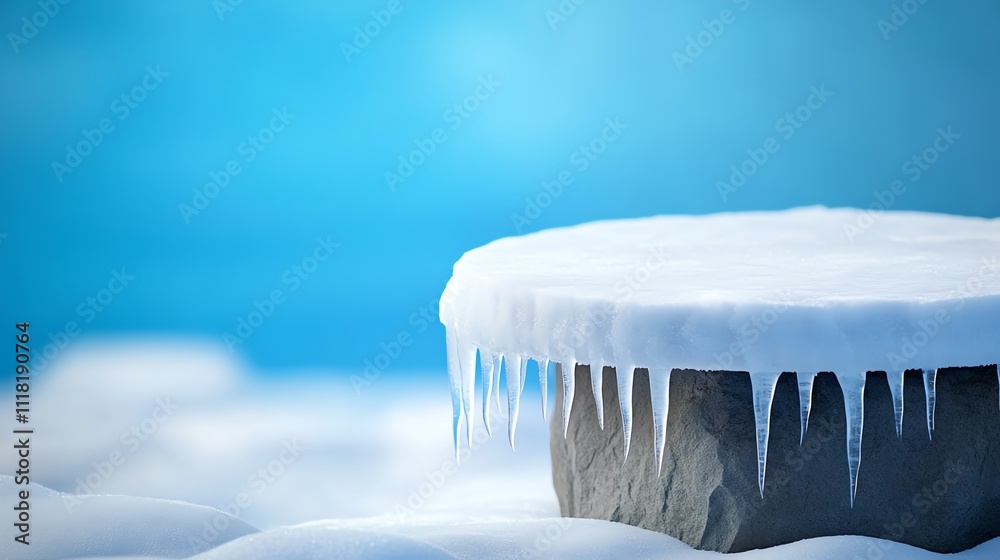 Close-up of icy surface with icicles in winter setting, showcasing beautiful frozen textures against a clear blue sky. Close-up of icy surface with icicles in winter setting, showcasing beautiful frozen textures against a clear blue sky.