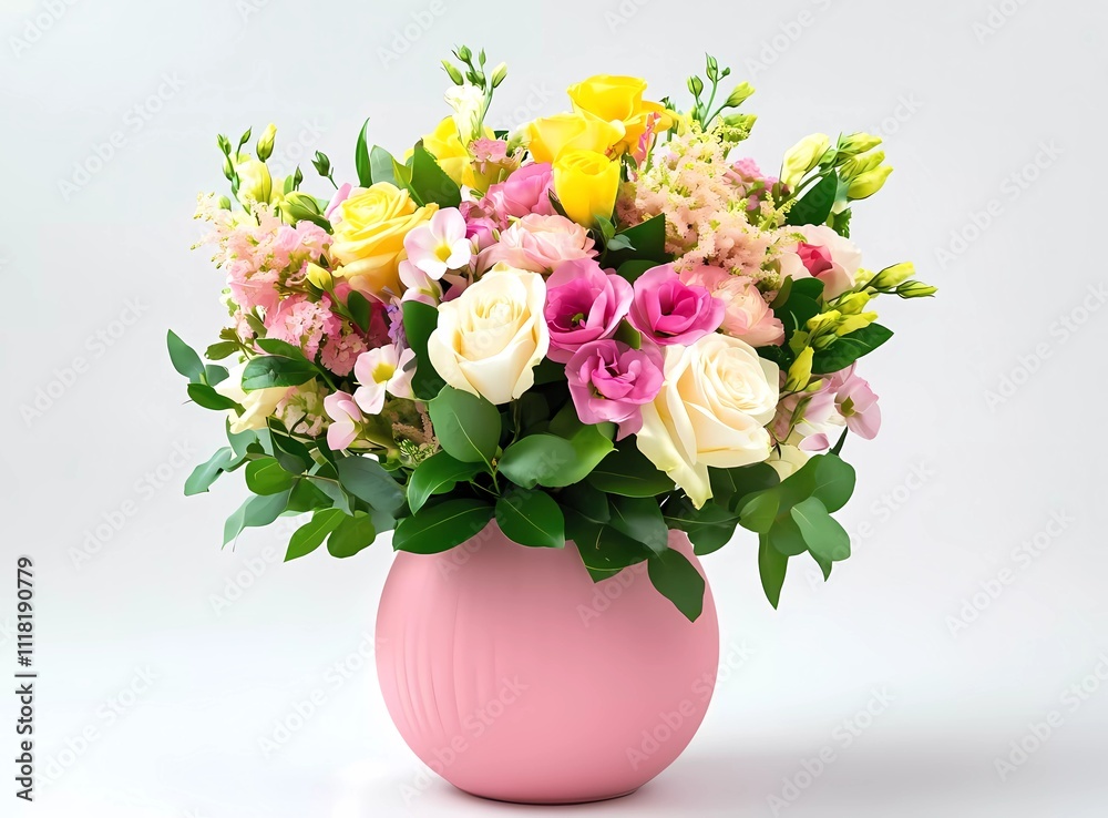 Beautiful bouquet of flowers in a pink vase on a white background, studio shot, soft lighting, minimalistic style Beautiful bouquet of flowers in a pink vase on a white background, studio shot, soft lighting, minimalistic style