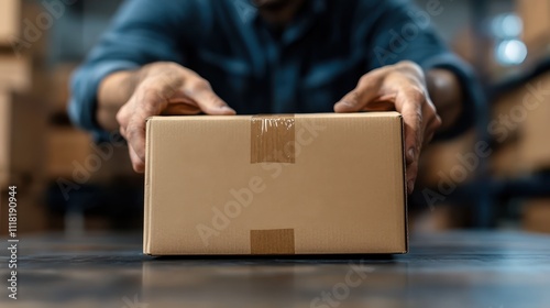 Close view of hands presenting a cardboard box over a smooth table, capturing a moment of packaging or delivery. The scene reflects simplicity and efficiency in service.