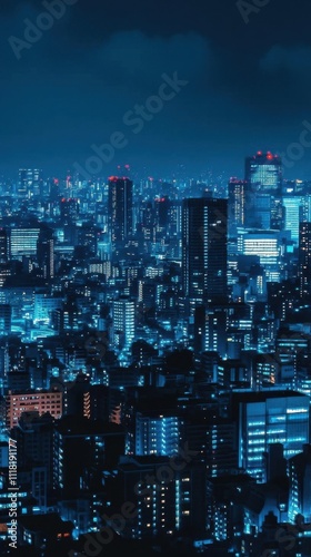 A nighttime cityscape illuminated by vibrant lights and skyscrapers.