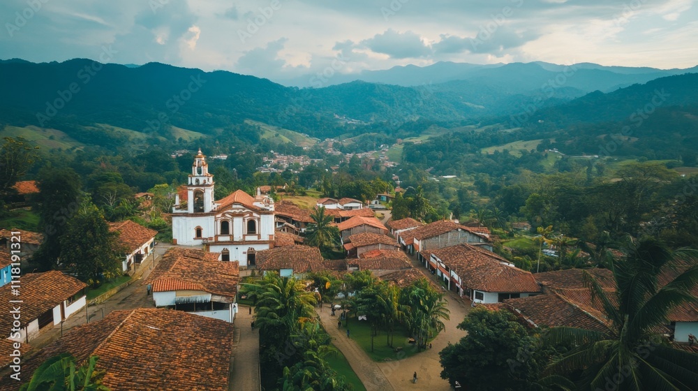 Serene Mountain Village with Historical Architecture Serene Mountain Village with Historical Architecture