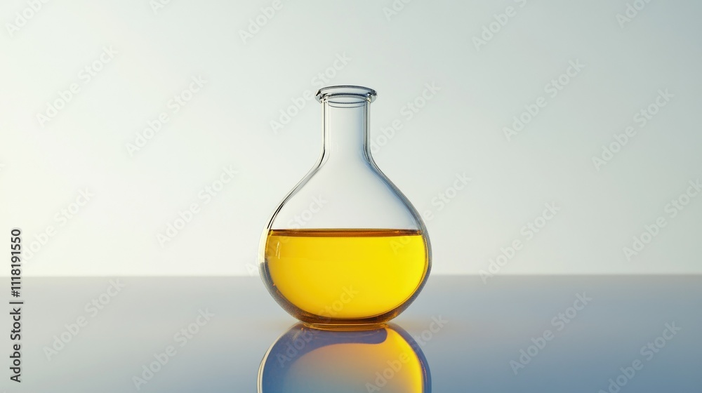 A chemical beaker-style flask holding yellow liquid, centered on a pristine white background with reflections A chemical beaker-style flask holding yellow liquid, centered on a pristine white background with reflections