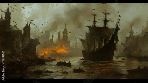 Burning city harbor with ships and boats.
