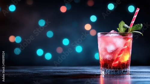 A refreshing cocktail sits elegantly on a table adorned with a mint garnish and a striped straw, beautifully illuminated against a background of blurred lights.