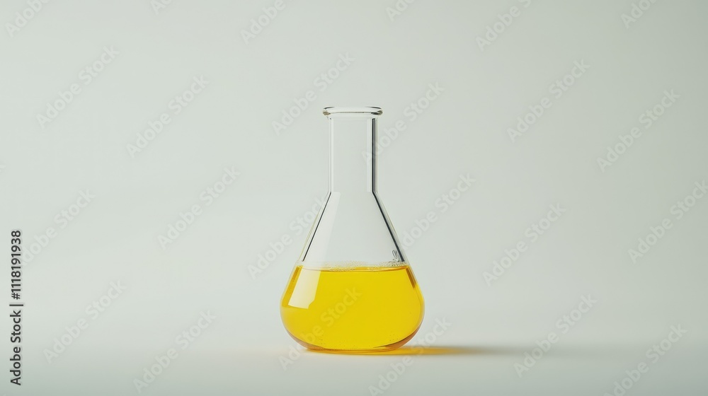 A classic lab flask filled with a yellowish solution, displayed in the middle of a spotless white background A classic lab flask filled with a yellowish solution, displayed in the middle of a spotless white background