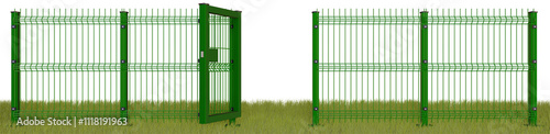 Green Metal V Mesh Fence with open gate over green grass. Weld Mesh Panel Fence Systems - Fencing Backyard Metal Bar Fence - Png Transparent 3D Image