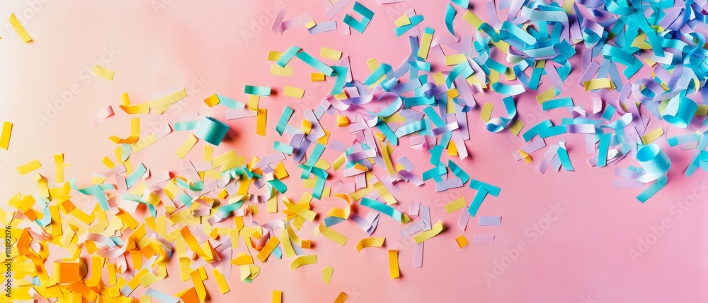 A cascade of pastel ribbons and confetti on a pink backdrop, creating a soft, dreamy celebration scene. A cascade of pastel ribbons and confetti on a pink backdrop, creating a soft, dreamy celebration scene.