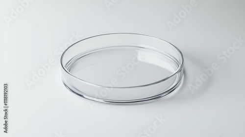 A clean glass petri dish photographed from a side angle, standing on a seamless white background