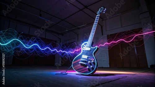 Futuristic electric guitar with glowing soundwave patterns in neon blue, purple, and pink hues