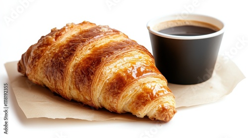 This image depicts a golden, flaky croissant paired with a rich, aromatic coffee in a paper cup, placed on a table evoking warmth, nourishment, and indulgence.