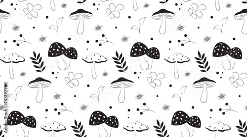 Seamless pattern with mushrooms. Repeating design element for printing on fabric. Mysticism and esotericism, occultism. Fantasy and imagination. Wallpaper and texture. Linear vector illustration