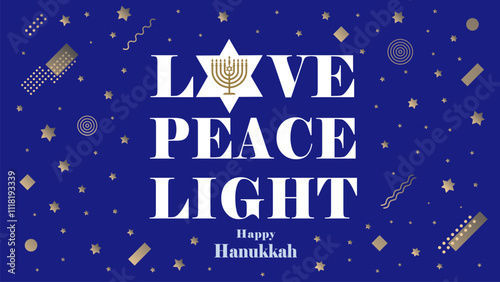 Love, Peace, Light - Happy Hanukkah lettering banner. Hanukkah vector concept with Menorah candles, typography and memphis style elements