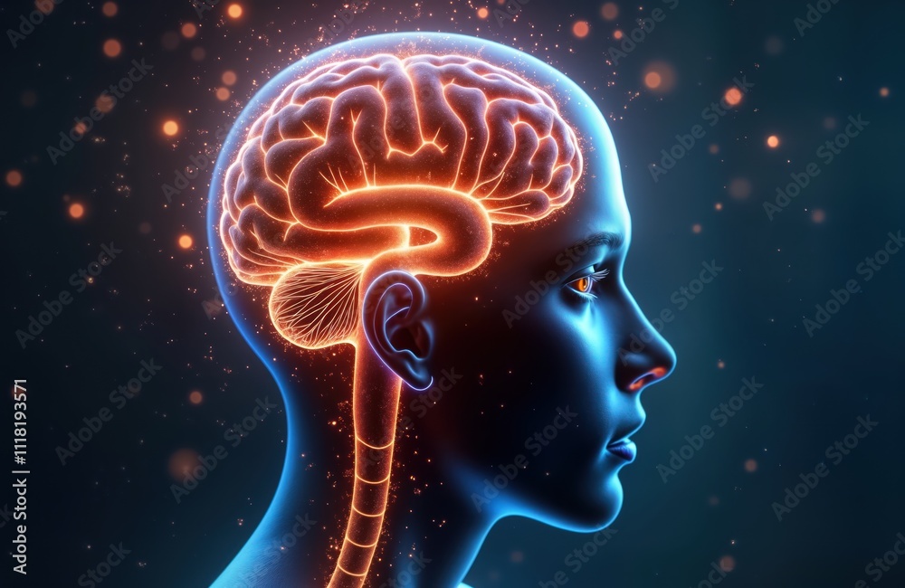 Human head displays glowing neurons in brain. Generative AI model highlights brain anatomy, neural pathways. Image shows human head profile. Focus on mind, mental health. Science, technology theme. Human head displays glowing neurons in brain. Generative AI model highlights brain anatomy, neural pathways. Image shows human head profile. Focus on mind, mental health. Science, technology theme.