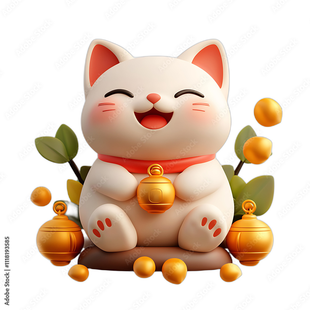 Adorable 3D Rendered Maneki neko Lucky Cat with Gold Coins Adorable 3D Rendered Maneki neko Lucky Cat with Gold Coins