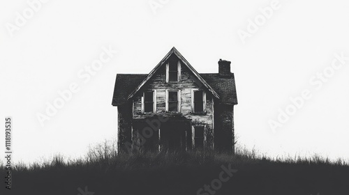 A creepy, dilapidated haunted house with steep gables, standing starkly against a white backdrop photo