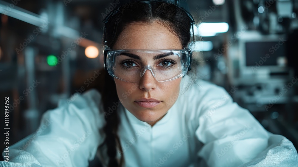 A woman wearing safety goggles and a lab coat concentrates deeply while working in a science laboratory, symbolizing dedication and scientific pursuit. A woman wearing safety goggles and a lab coat concentrates deeply while working in a science laboratory, symbolizing dedication and scientific pursuit.