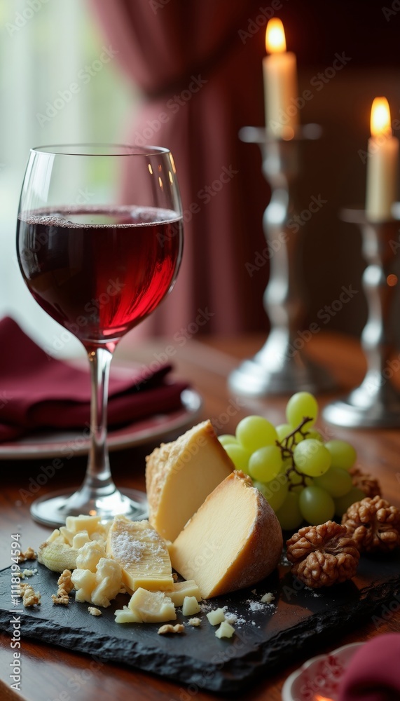 Wine Glass, Cheese Platter, Grapes, and Candles on Table Wine Glass, Cheese Platter, Grapes, and Candles on Table