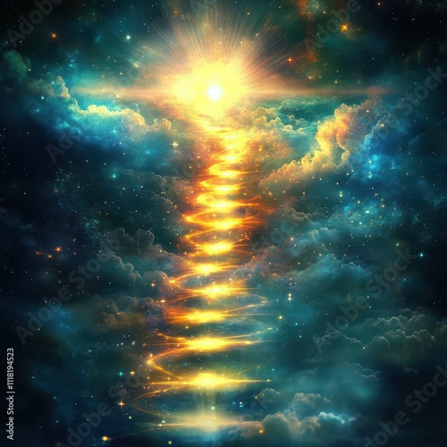 Faith in divine prophecy visualized as glowing pathways leading to spiritual enlightenment in a radiant cosmic setting