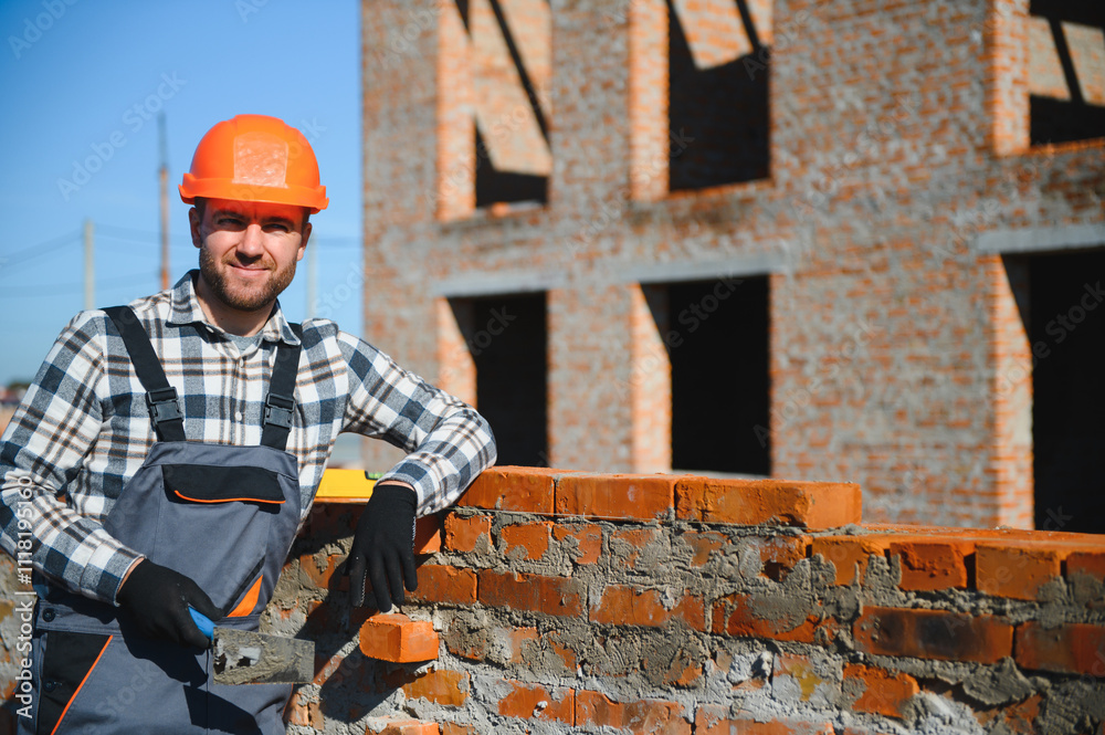construction mason worker bricklayer installing red brick with trowel putty knife outdoors