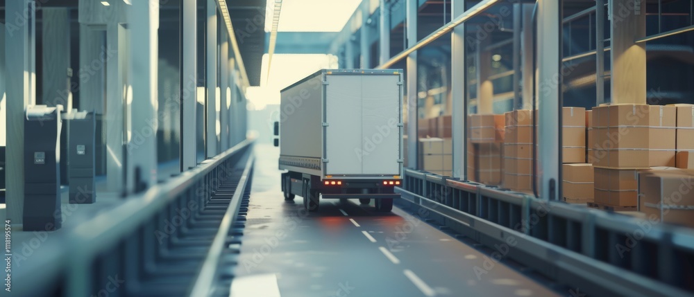 Naklejka premium A delivery truck in a bustling warehouse corridor, emphasizing logistics and modern industrial efficiency.