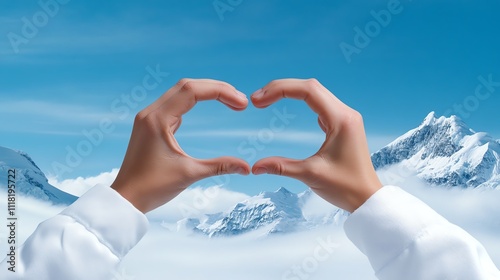 Hands form a heart shape against a stunning snowy mountain backdrop, symbolizing love for nature and exploration. photo