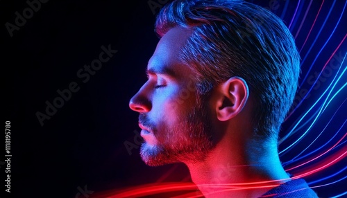 Obraz na płótnie Profile of a man with eyes closed, illuminated by vibrant red and blue neon lights and digital light trails w salonie