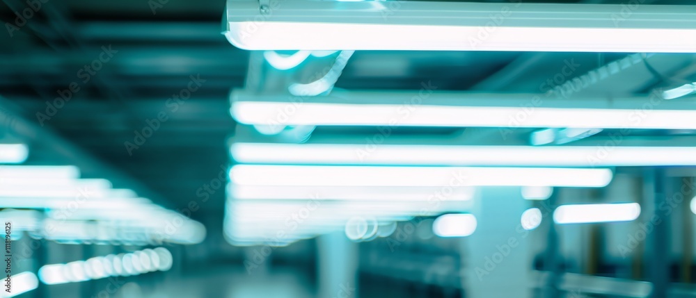 Fluorescent lights glow brightly in a modern, industrial setting, casting a cool blue hue across the room. Fluorescent lights glow brightly in a modern, industrial setting, casting a cool blue hue across the room.