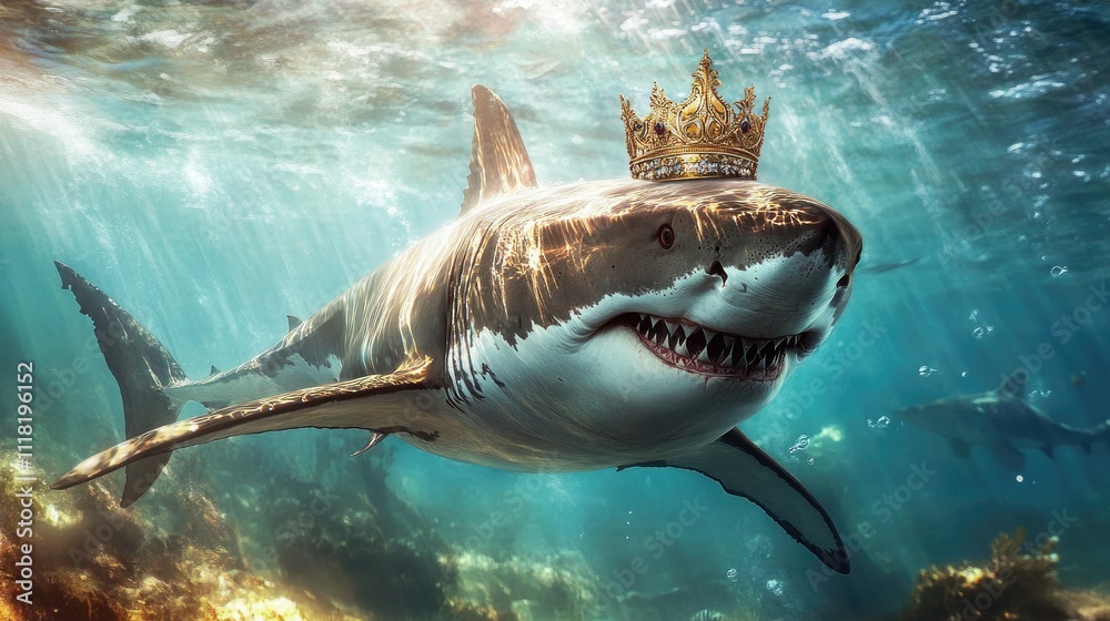 Obraz premium A great white shark adorned with an elegant golden crown, gliding through clear ocean waters in a regal pose