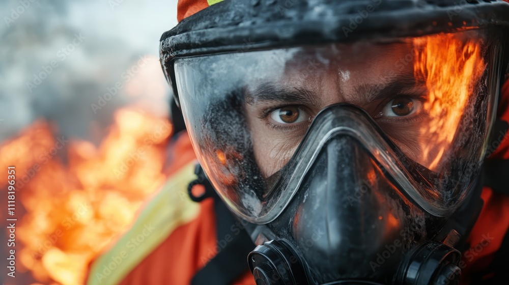 A firefighter wears a protective mask facing roaring flames, showcasing bravery and resilience in the face of danger while battling an aggressive fire outdoors. A firefighter wears a protective mask facing roaring flames, showcasing bravery and resilience in the face of danger while battling an aggressive fire outdoors.