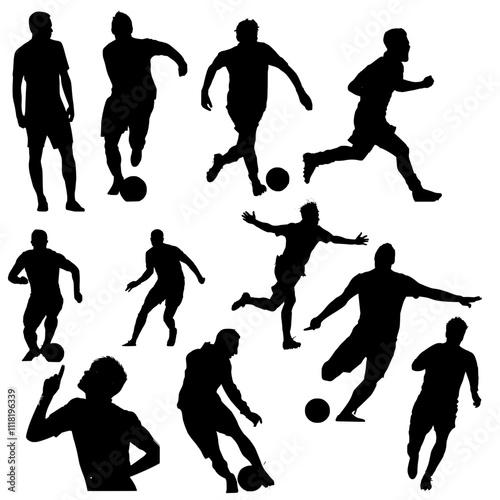 Set of silhouettes of soccer players with the ball.