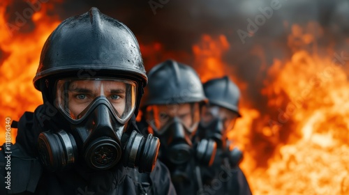 A group of determined firefighters donning gas masks stand resolute against a massive backdrop of blazing flames, symbolizing bravery and unwavering courage. photo