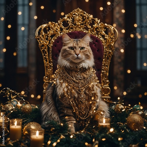 A regal cat sitting on a gold throne surrounded by festive garlands and twinkling lights. photo