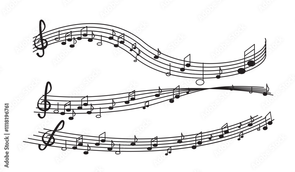 Music notes wave. Music composition and production. Melodies and songs. Creativity and art. Hobby and leisure. Template and layout. Flat vector illustration Music notes wave. Music composition and production. Melodies and songs. Creativity and art. Hobby and leisure. Template and layout. Flat vector illustration
