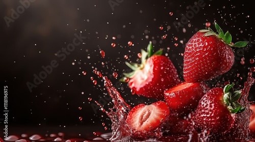 Juicy strawberries captured in mid-splash against a dramatic dark background, highlighting freshness, vibrant color, and the dynamic motion of fruit in liquid.