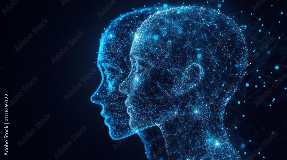 Abstract digital profile view of two interconnected human heads, glowing with blue light and network connections. Abstract digital profile view of two interconnected human heads, glowing with blue light and network connections.