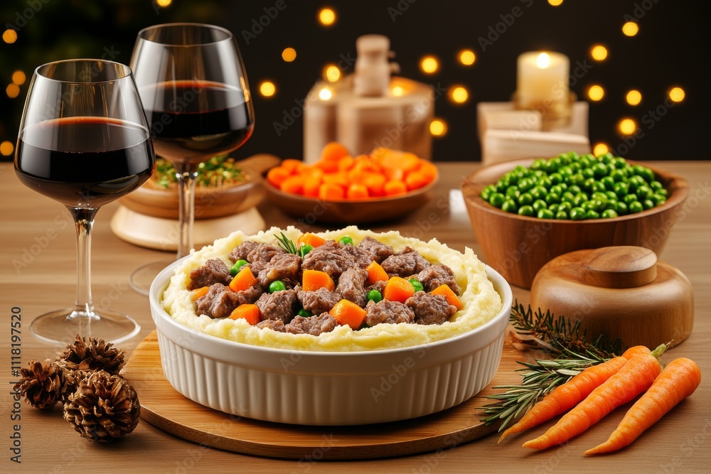 Un tazón de puré de papa cremoso con carne y vegetales, rodeado de guarniciones y servido con copas de vino tinto en una mesa decorada festivamente.
Un tazón de puré de papa cremoso con carne y vegetales, rodeado de guarniciones y servido con copas de vino tinto en una mesa decorada festivamente.