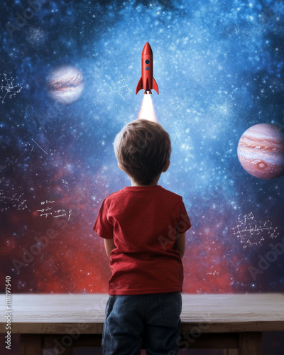 A child gazes in wonder as a red rocket blasts off into a cosmic expanse filled with planets and mathematical equations, igniting dreams of space exploration and adventure. photo