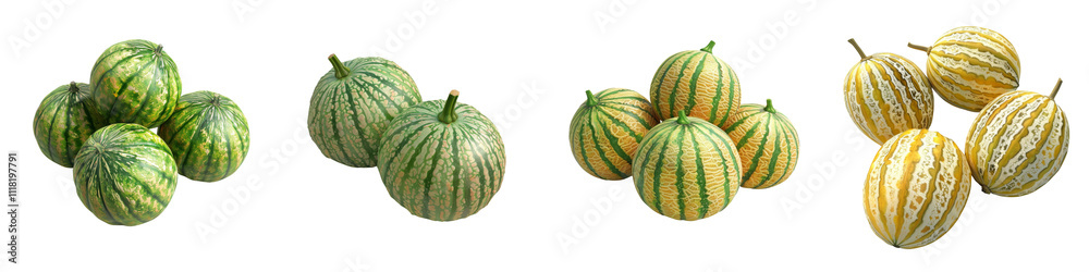 A colorful collection of various watermelons showcasing different stripes and colors, perfect for summer fruit displays. A colorful collection of various watermelons showcasing different stripes and colors, perfect for summer fruit displays.