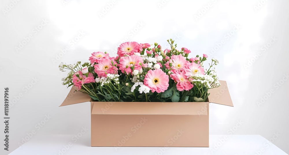 Coral pink flower bouquet in a box on a white table with copy space for text, against a white background, with a minimal concept and studio lighting Coral pink flower bouquet in a box on a white table with copy space for text, against a white background, with a minimal concept and studio lighting
