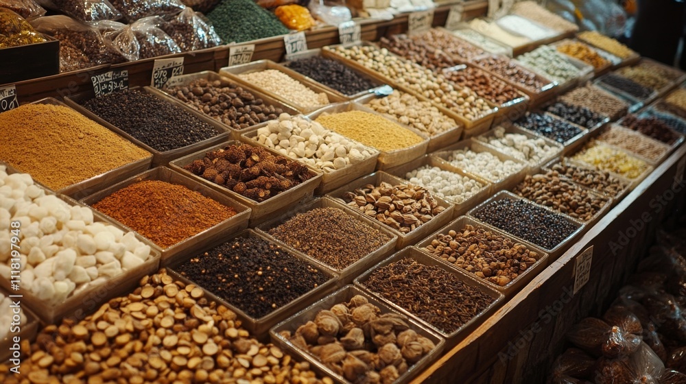 A Colorful Array of Spices and Dried Goods at a Market A Colorful Array of Spices and Dried Goods at a Market