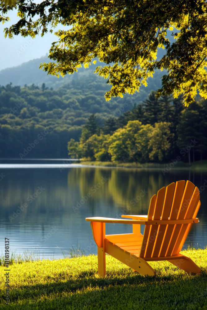 A vibrant yellow Adirondack chair rests on lush green grass, overlooking a tranquil lake. Surrounded by trees and mountains, this scene invites relaxation and appreciation of nature’s beauty. A vibrant yellow Adirondack chair rests on lush green grass, overlooking a tranquil lake. Surrounded by trees and mountains, this scene invites relaxation and appreciation of nature’s beauty.