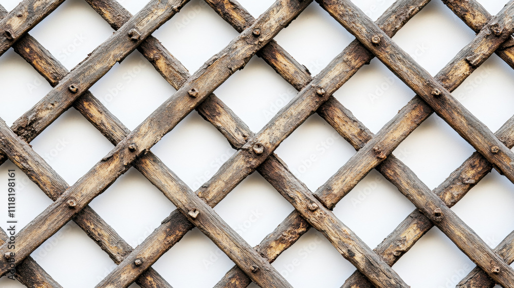 Naklejka premium Rustic wooden lattice pattern against a plain white background, showcasing the detailed texture and craftsmanship of the intersecting wooden strips.
