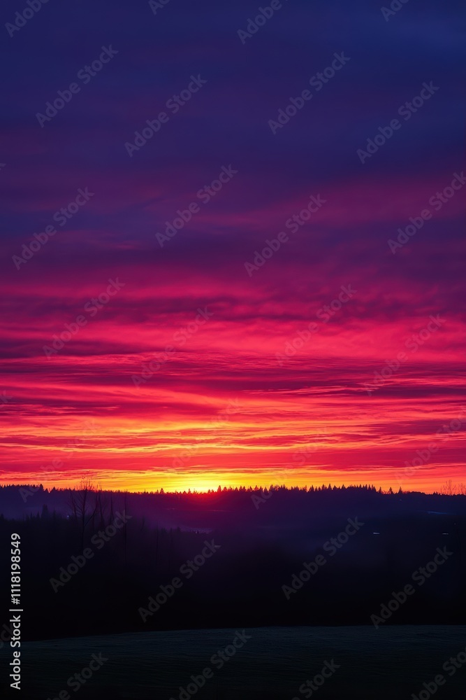 A vibrant sunset with colorful clouds over a distant horizon. A vibrant sunset with colorful clouds over a distant horizon.