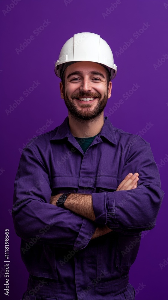 engineer man smiling at camera on purple background with copy space vertically 9:16 engineer man smiling at camera on purple background with copy space vertically 9:16
