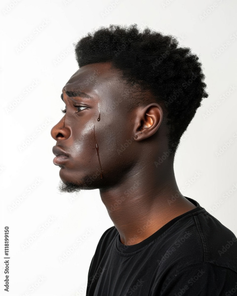 A profile of a man with a tear, conveying emotion and depth. A profile of a man with a tear, conveying emotion and depth.