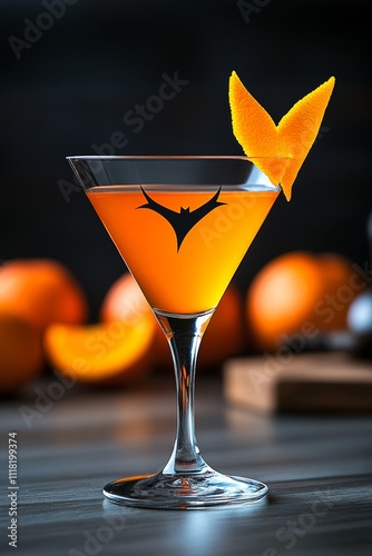  Un cóctel naranja brillante servido en una copa martini, decorado con cáscara de naranja en forma de alas de murciélago.
 photo